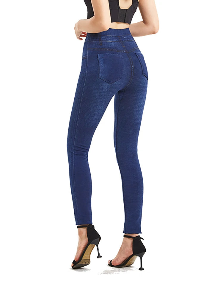 Stretchy Solid Color Plus Size Jeggings Fashion False Jeans Women's Tight Seamless Pocket Leggings Soft Pencil Pants