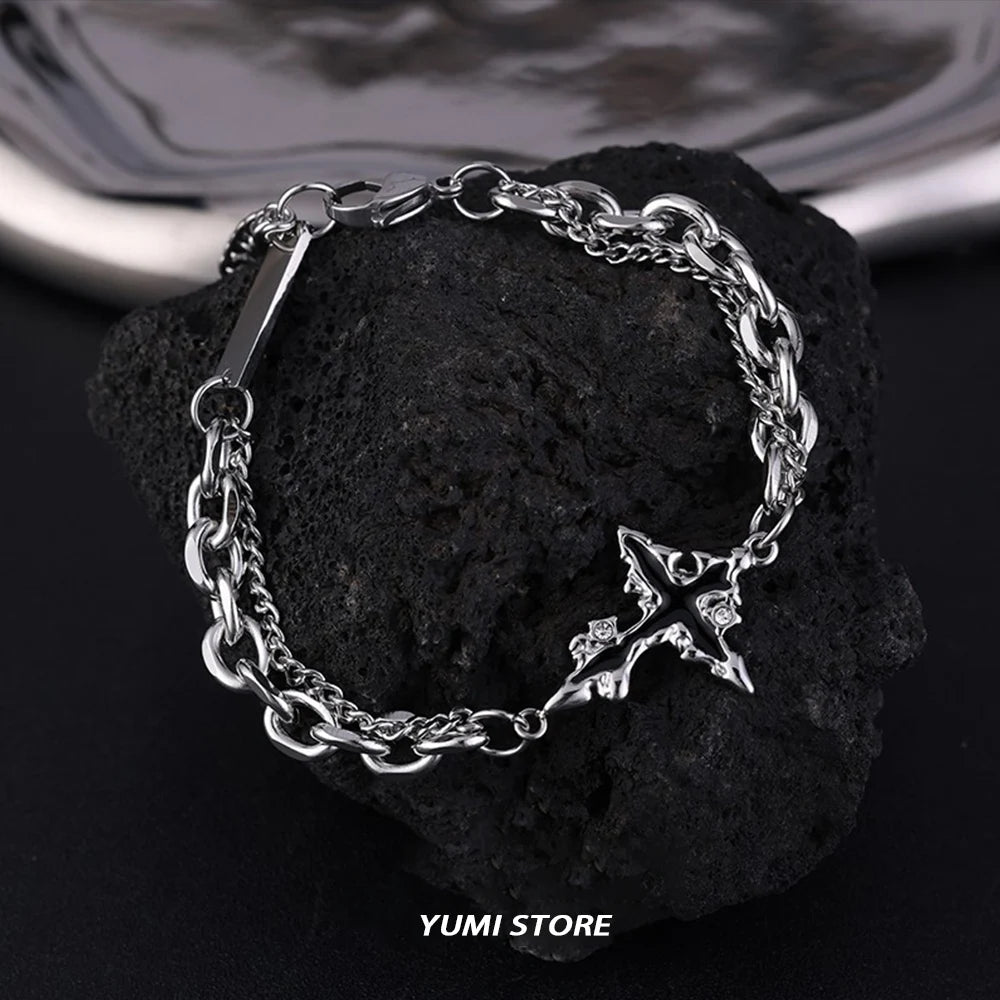 Retro Flame Cross Bracelet For Men Woman Hip Hop Titanium Steel Splice Chain Charm Unisex Jewelry