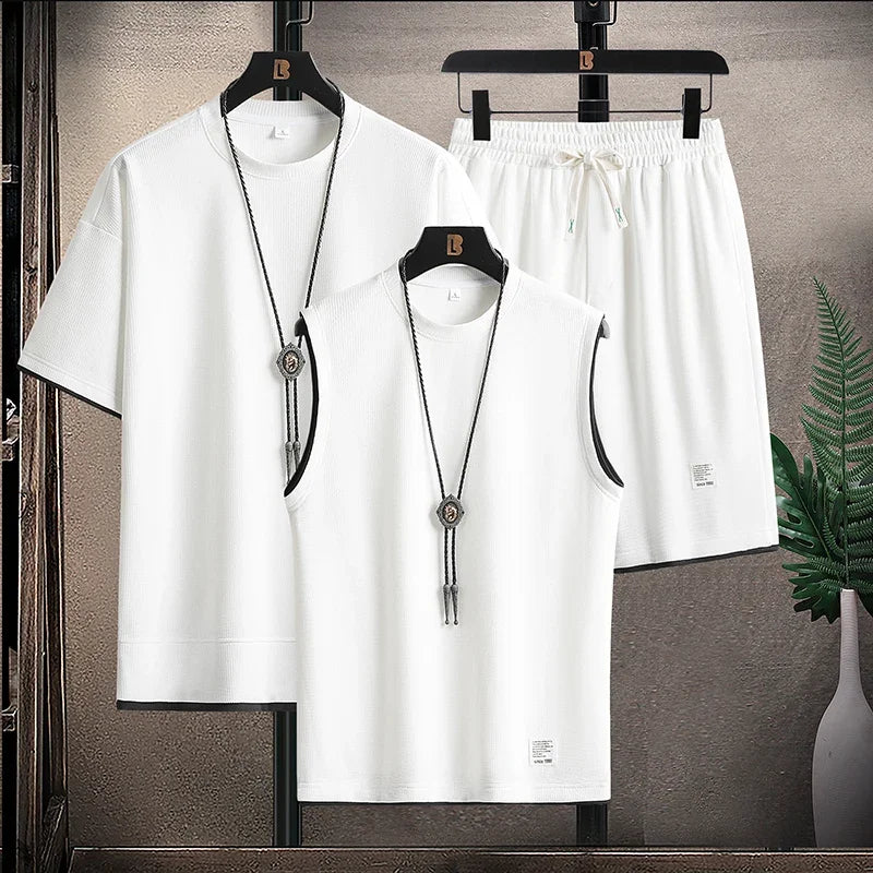 Waffle Pattern 3 Piece Men Short Sleeve Shorts Set  Fashion Loose Sweatsuits Summer Tracksuit Men Fashion Clothing