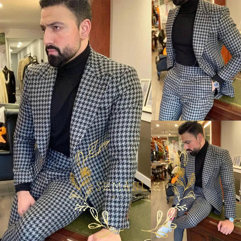 Latest Design Houndstooth Jacket Men‘s Suit Set Brown Pant Peaked Lapel Double Breasted Blazer