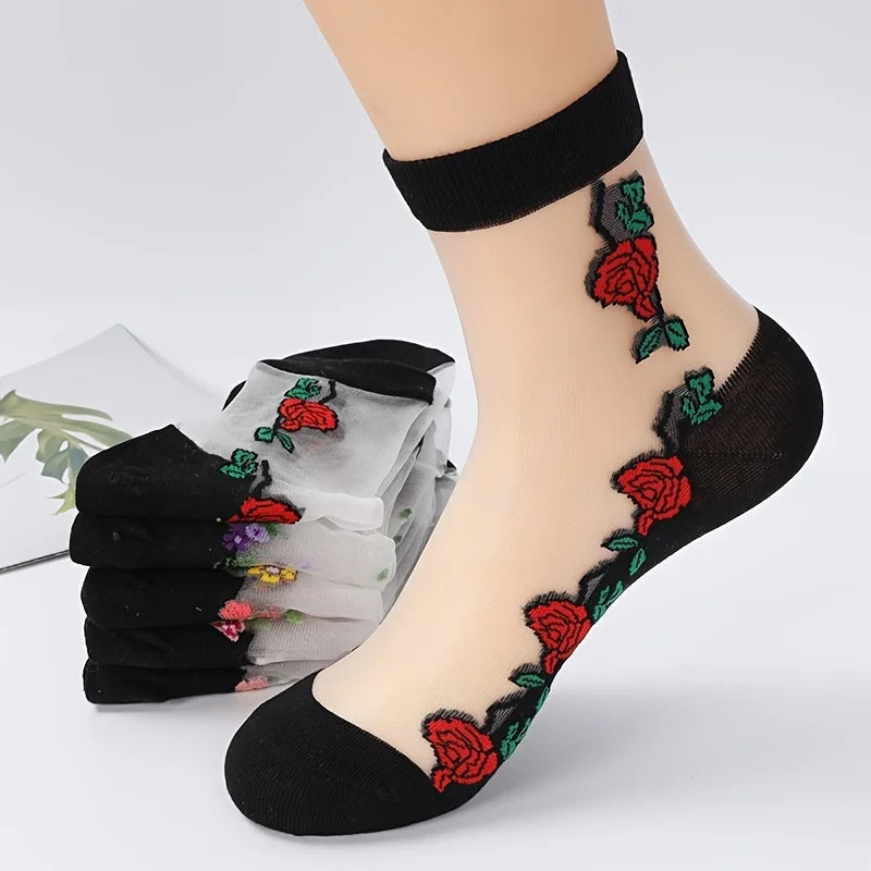 5 Pairs Mesh Floral Print Mid Calf Socks Crystal Glass Short Thin Socks Women's Stockings Hosiery