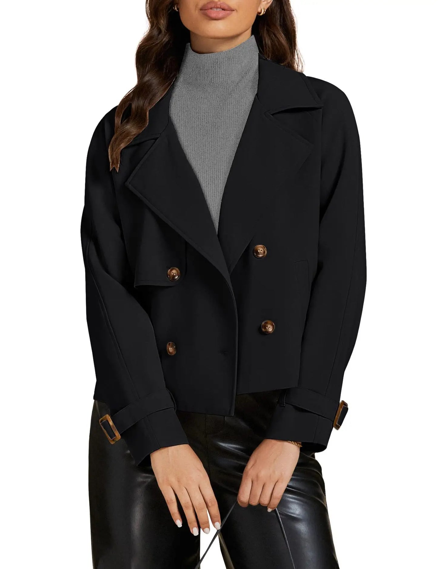 Cropped Trench Coat for Women Long Sleeve Double Breasted Notched Lapel Casual Loose Fit Jackets with Pockets