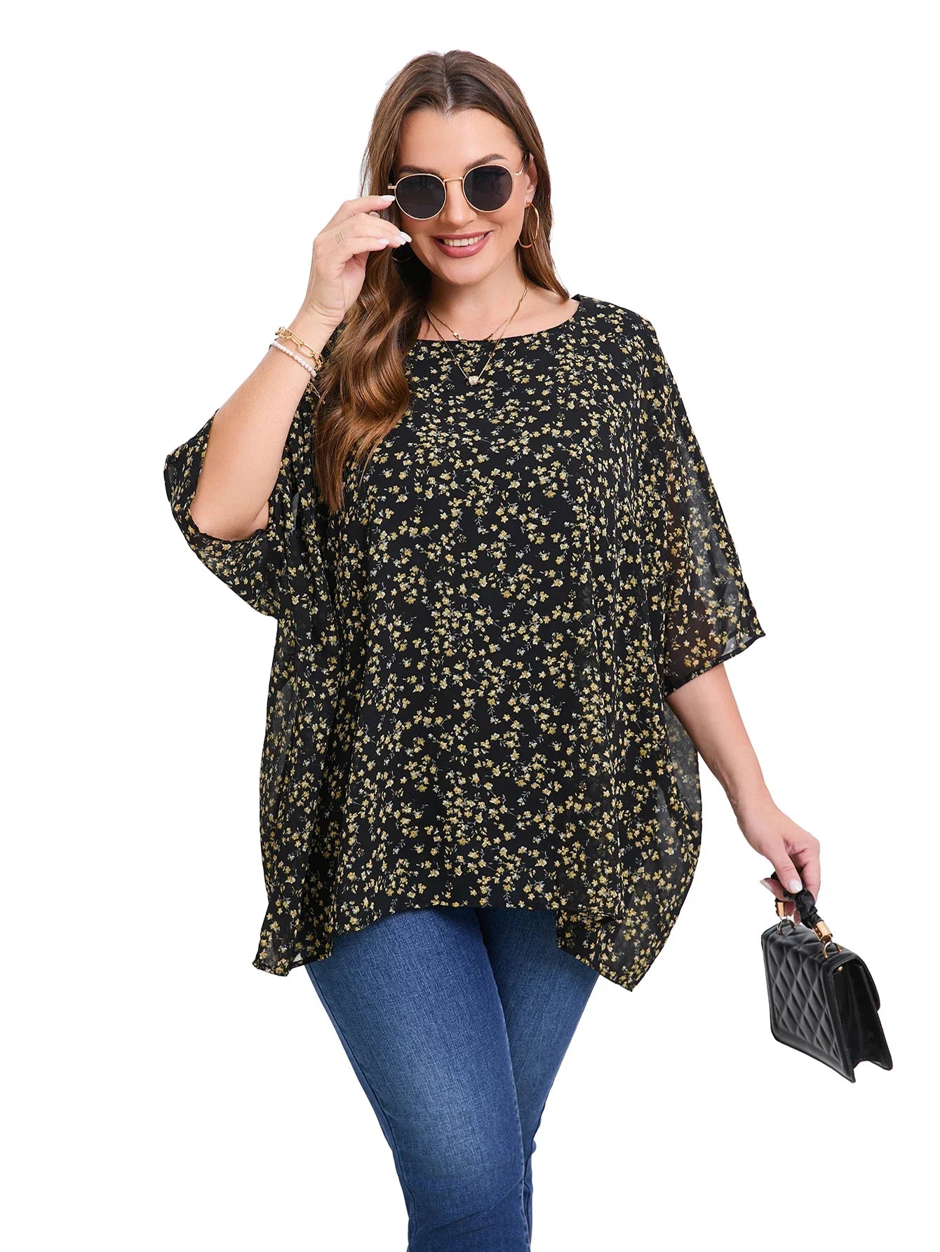 Summer Blouse Batwing Sleeve Oversized Chiffon  Scoop Neck  Casual