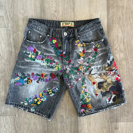 American Fashion Embroidered Denim Shorts High Street Denim Shorts Trendy Street Denim Shorts