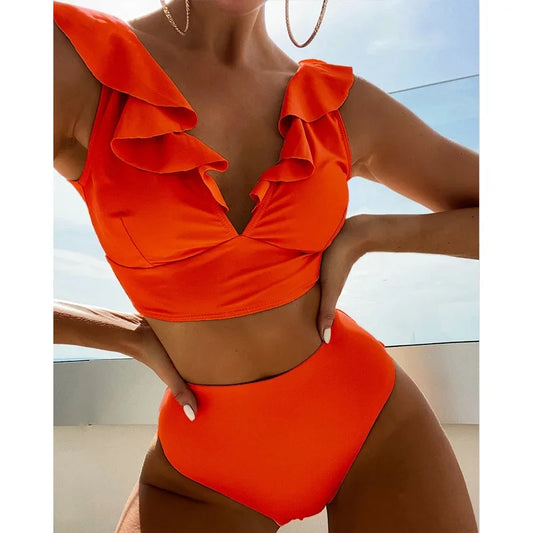 Solid Color  V-neck Ruffle Bikini  Women 2 Piece Swimwear Push Up Padded High Waist Swimsuit