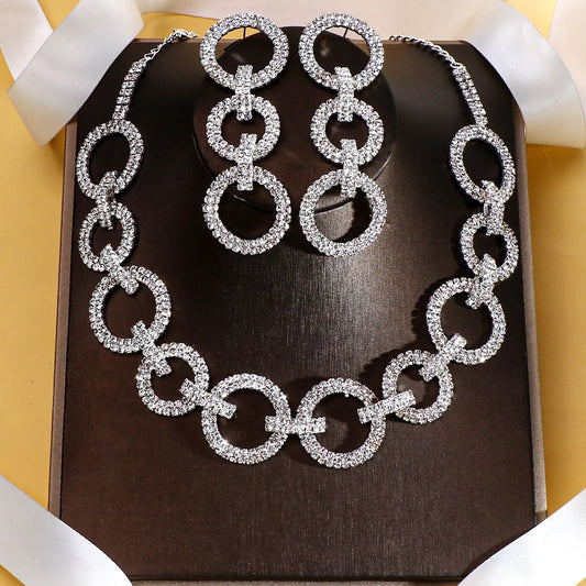 Hollow Crystal Round Necklace Earrings Set  Rhinestone  Jewelry Sets