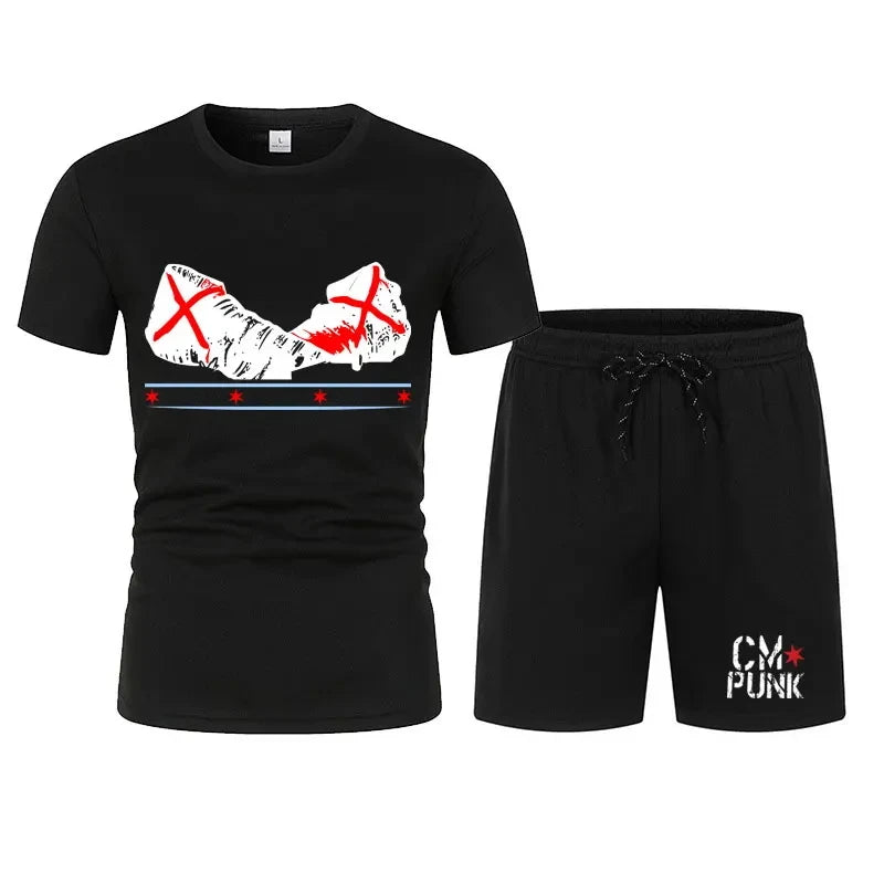 Men's black CM return punk T-shirt shorts suit summer short-sleeved men fashion comfortable loose clothing suit