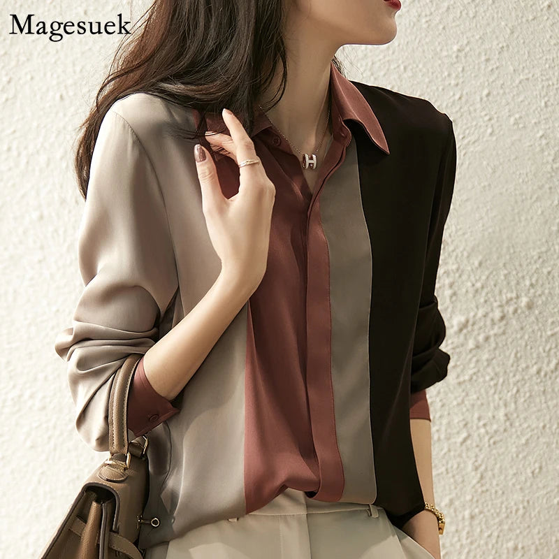Women Satin Button Blouse Autumn Vintage Long Sleeve Polo Collar Women Shirt Elegant Loose Tops