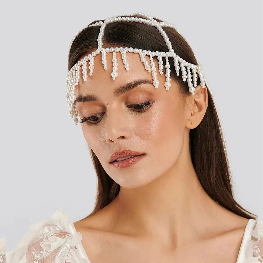 Pearl Fringe Headpiece Crystal Cap  Roaring 20s Great Gatsby Tassel Hair Accessories