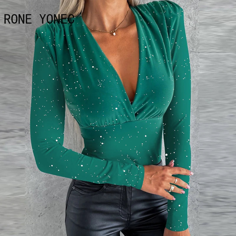 Chic Glitter Basics Deep V Neck Long Sleeves  Blouse