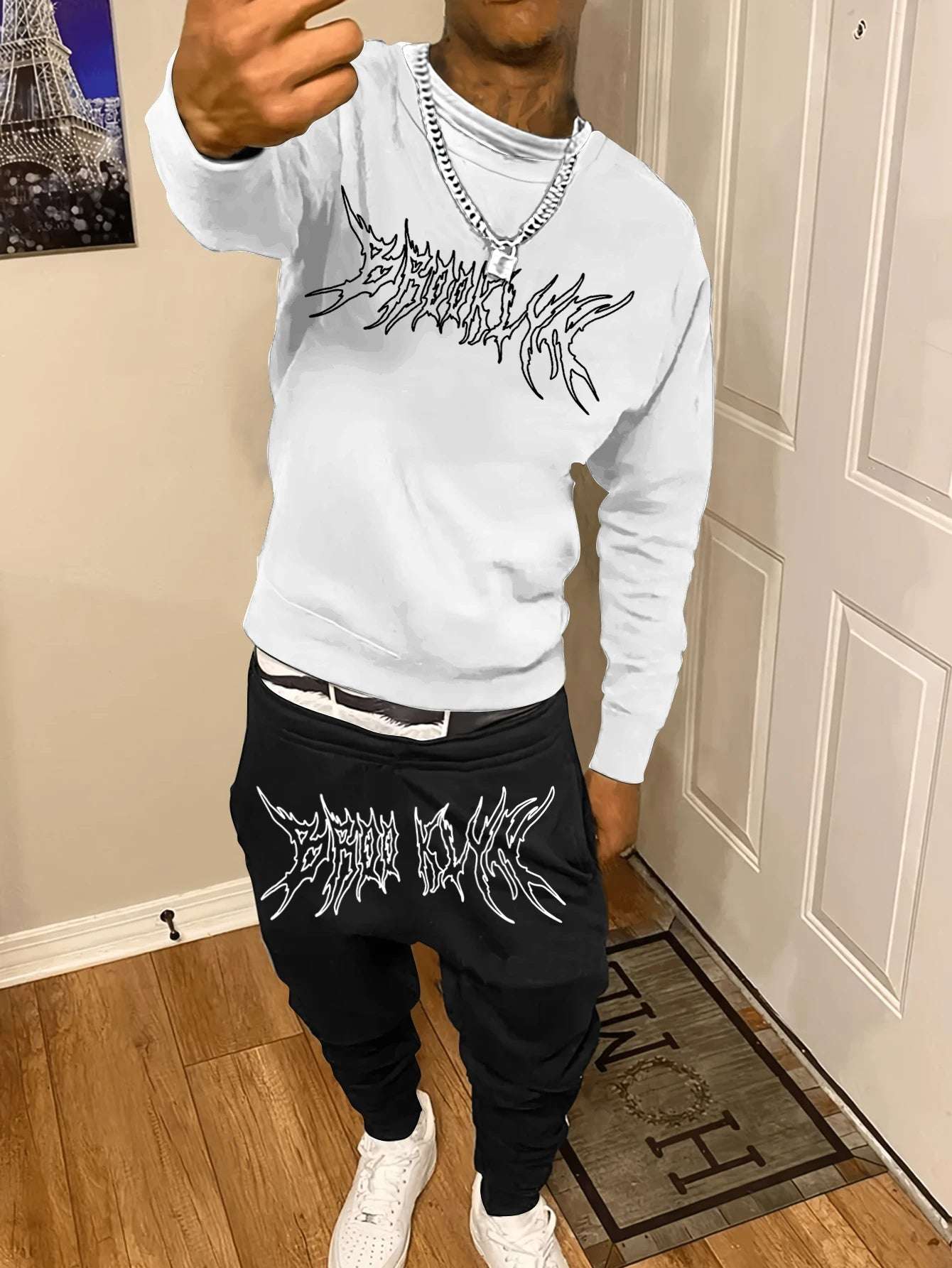 Autumn Trendy  Sweatshirt Sweatpants Set Men's Daily Loose Casual Fit Printed Hundred Long Sleeve Sweatshirt 2 pieces Set