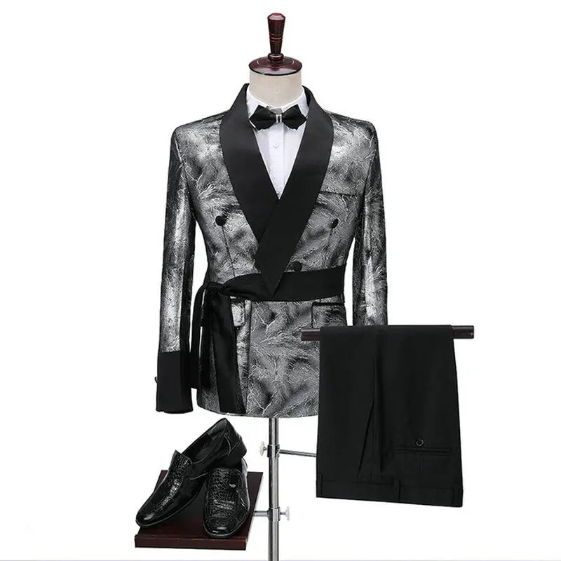 Latest Design Houndstooth Jacket Men‘s Suit Set Brown Pant Peaked Lapel Double Breasted Blazer