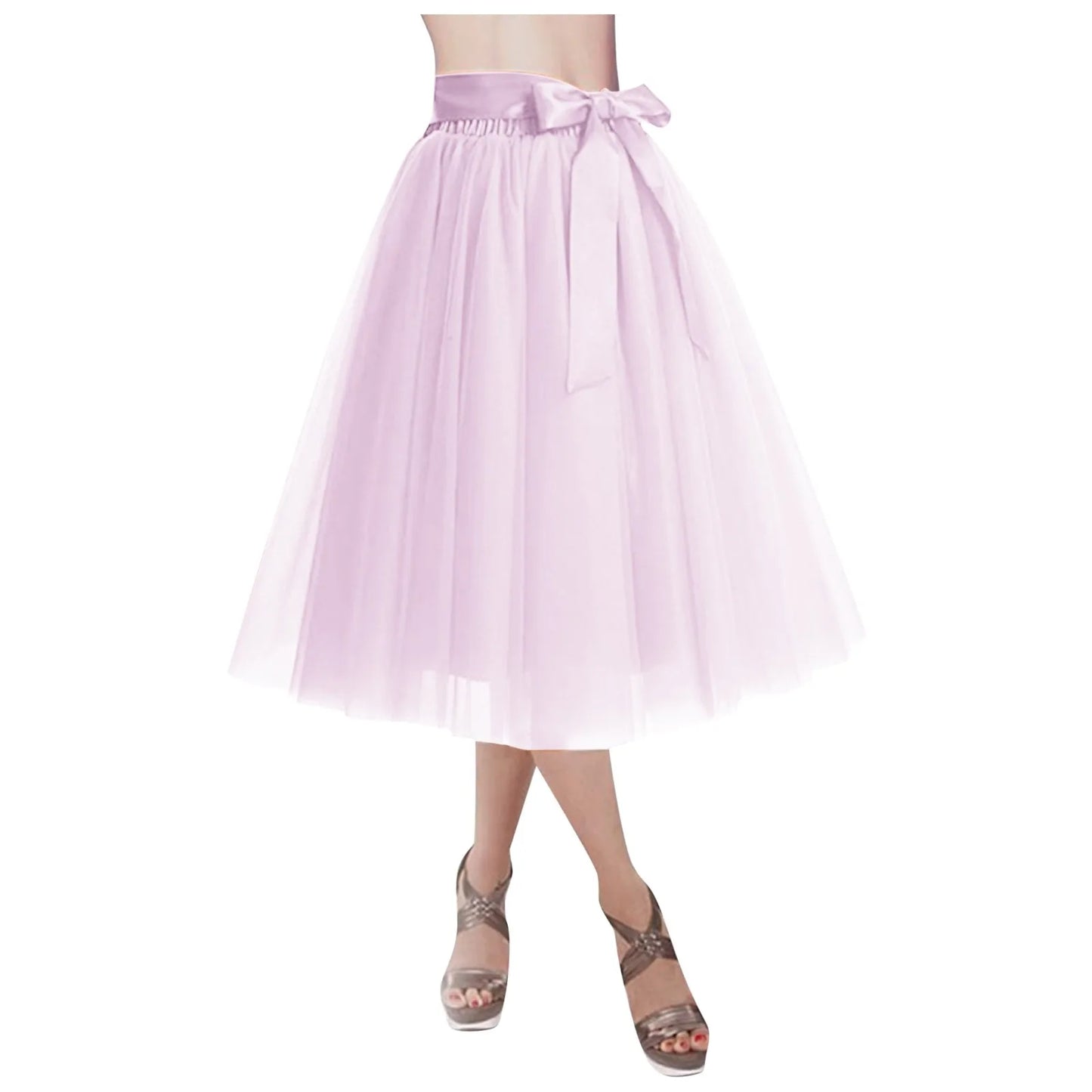 Women's Knee Length Mesh  Skirt Solid Color Elegant Elastic High Waist A-Line Petticoat