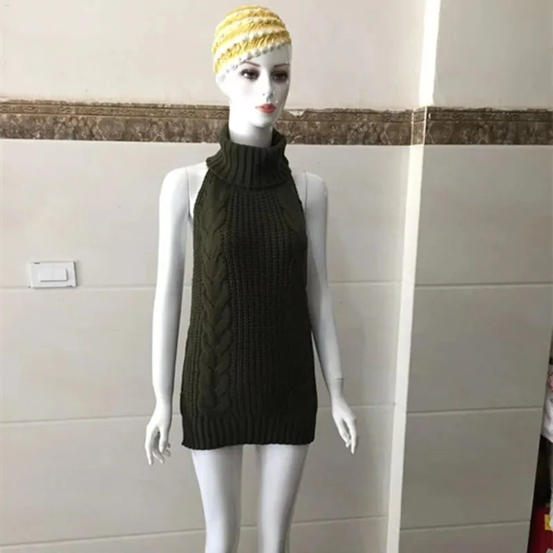Sexy Trendy Knitted Pullover Sweater Dress for Women, Sexy Backless Apparel with Tie-up Back Design
