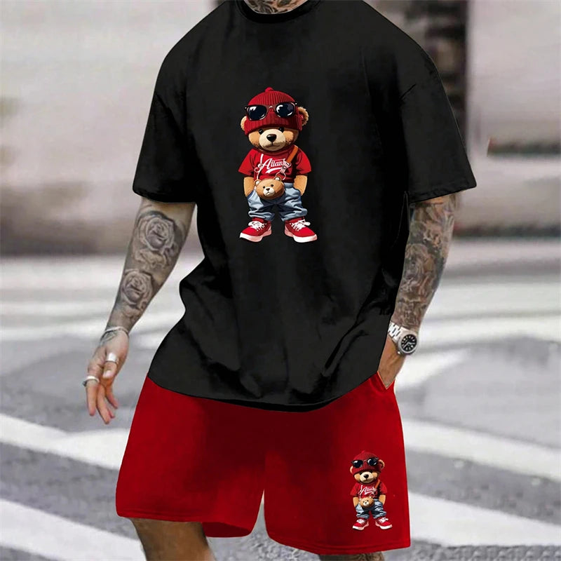 Fun Bear T-Shirt Men's Summer Loose Daily Couple Suit Outdoor Street Short Sleeve Shorts Two Piece Men Summer Suit