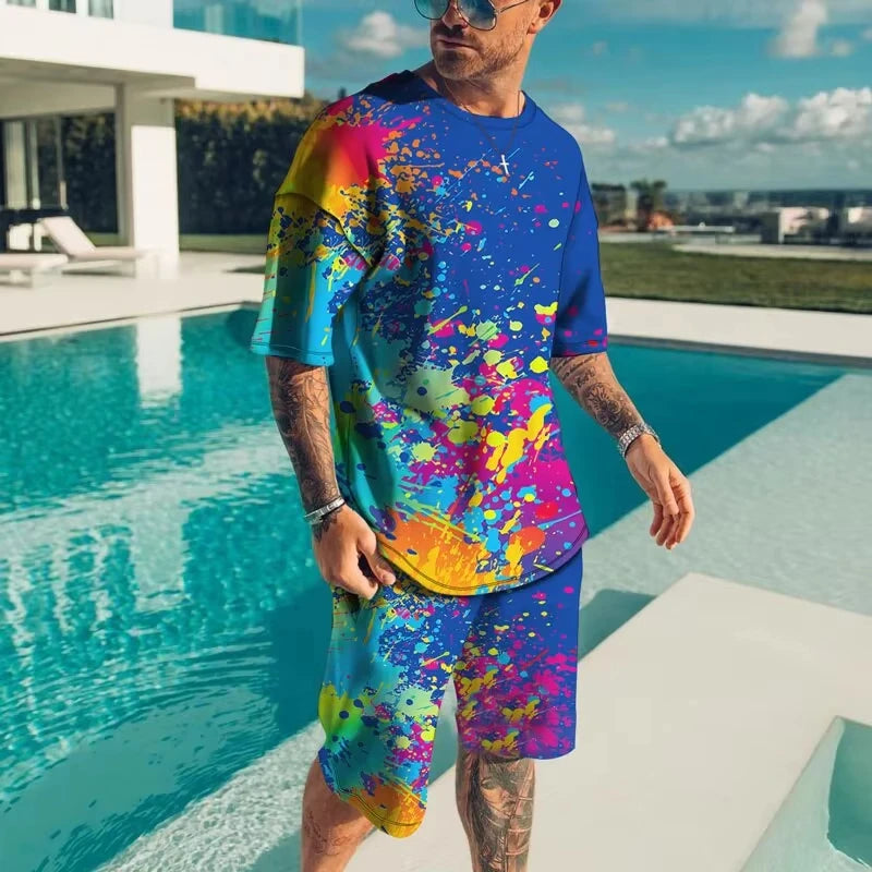 Fashionable men's sportswear summer beach short sleeved 3D printed shirt set street wear T-shirt shorts men's loose size clothes