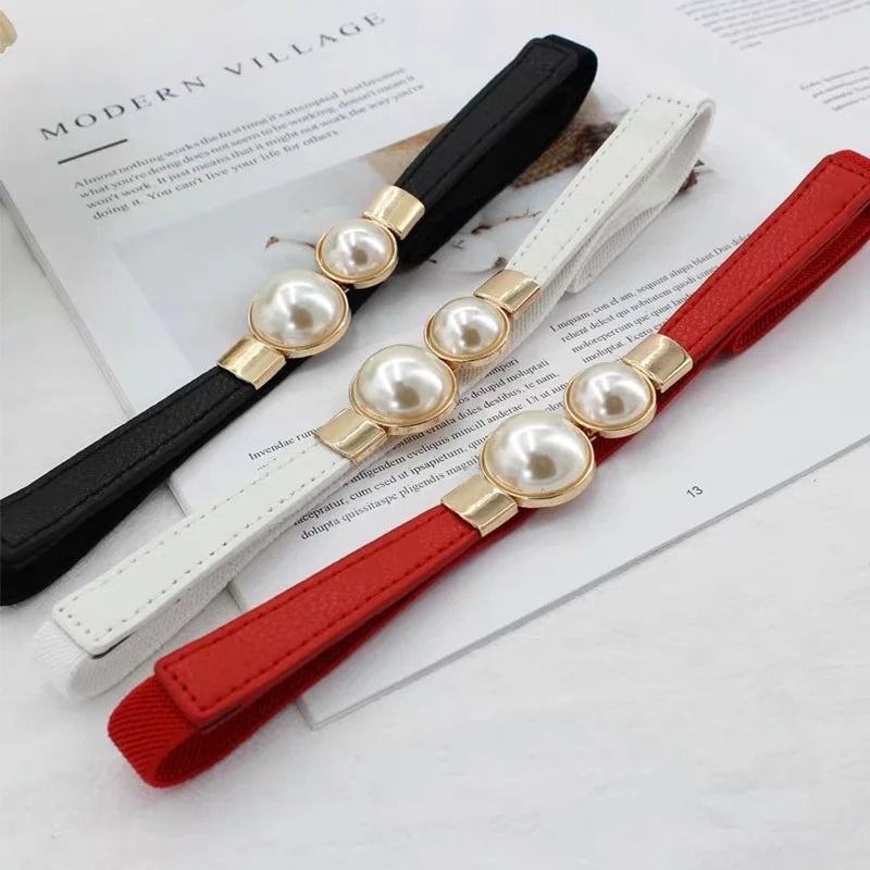 Women's Thin Elastic Belt Decorative Dress Double Pearl Buckle Belt Waistband