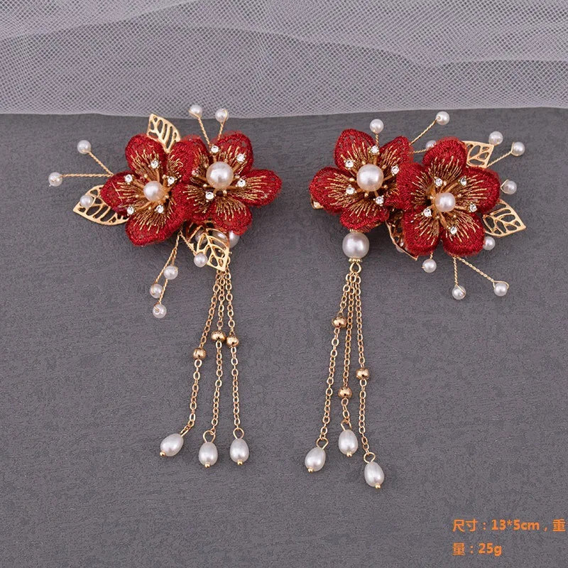 Red Floral Hair Comb Accessories Golden Pearl Hairpin Charm  Wedding Headpiece Bride  Hair Jewelry
