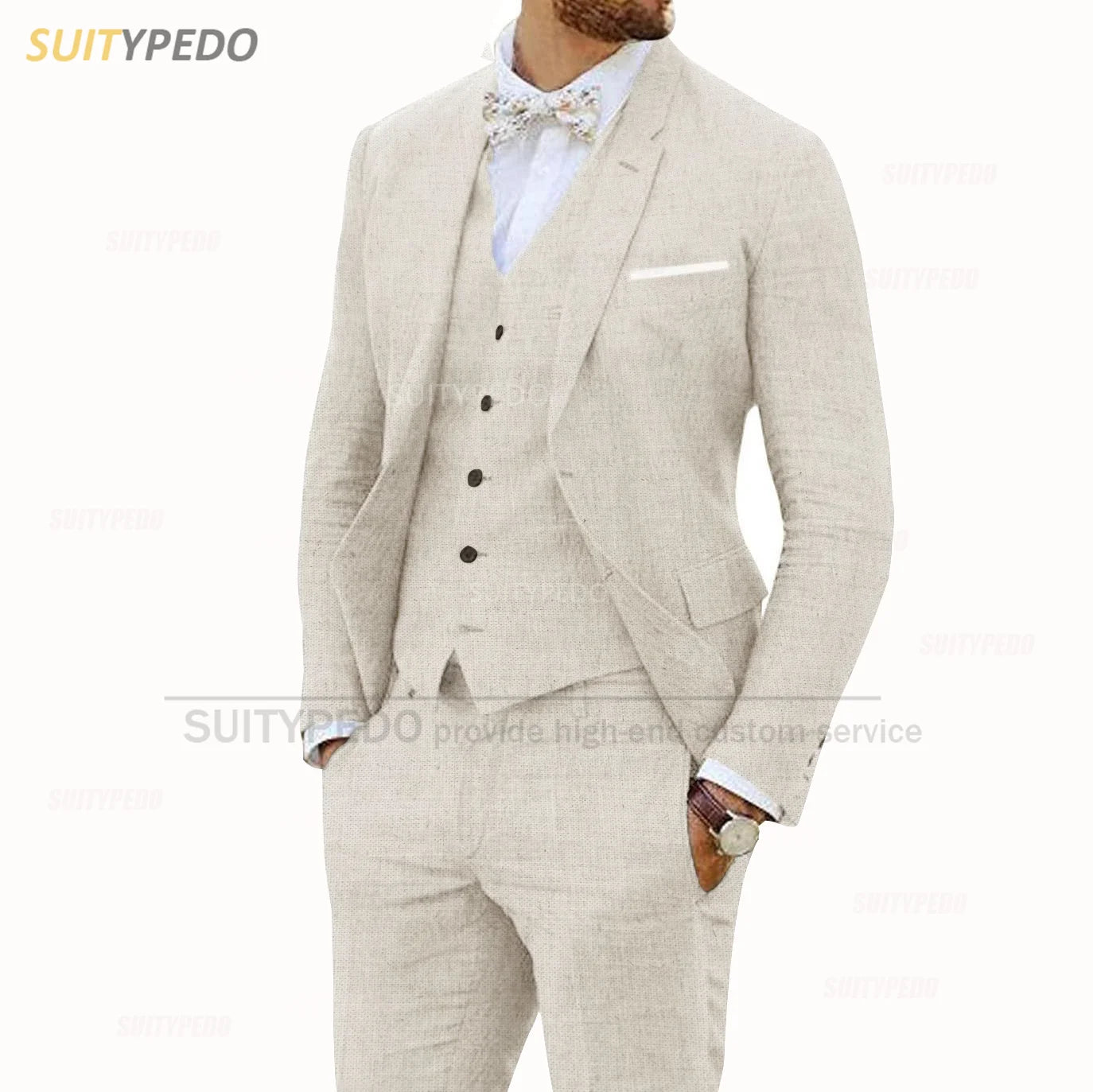 Linen Suits for Men 3 Pieces Casual Slim Fit Suit Blazer Vest Pants Set Formal Prom Wedding Tuxedos for Groomsmen Best Man