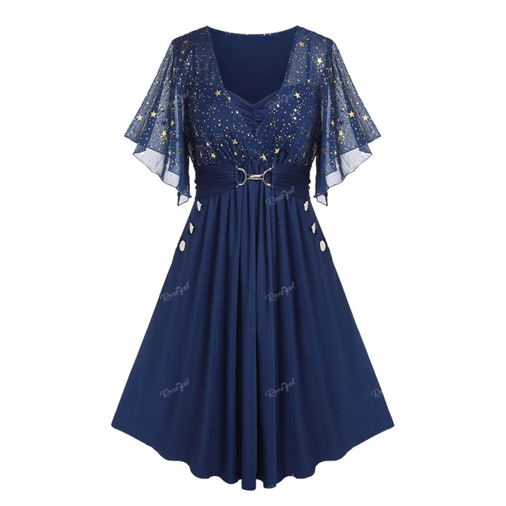 Plus Size Stars Print Buckle Button Pockets Ruched Butterfly Sleeves Dress Women Casual V-neck Collar Dresses