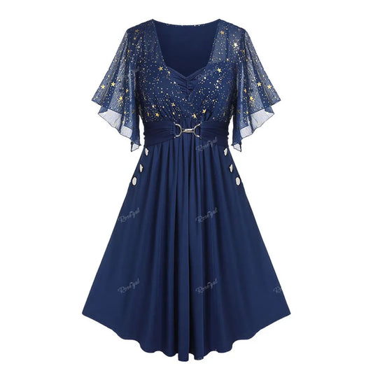 Plus Size Stars Print Buckle Button Pockets Ruched Butterfly Sleeves Dress Women Casual V-neck Collar Dresses