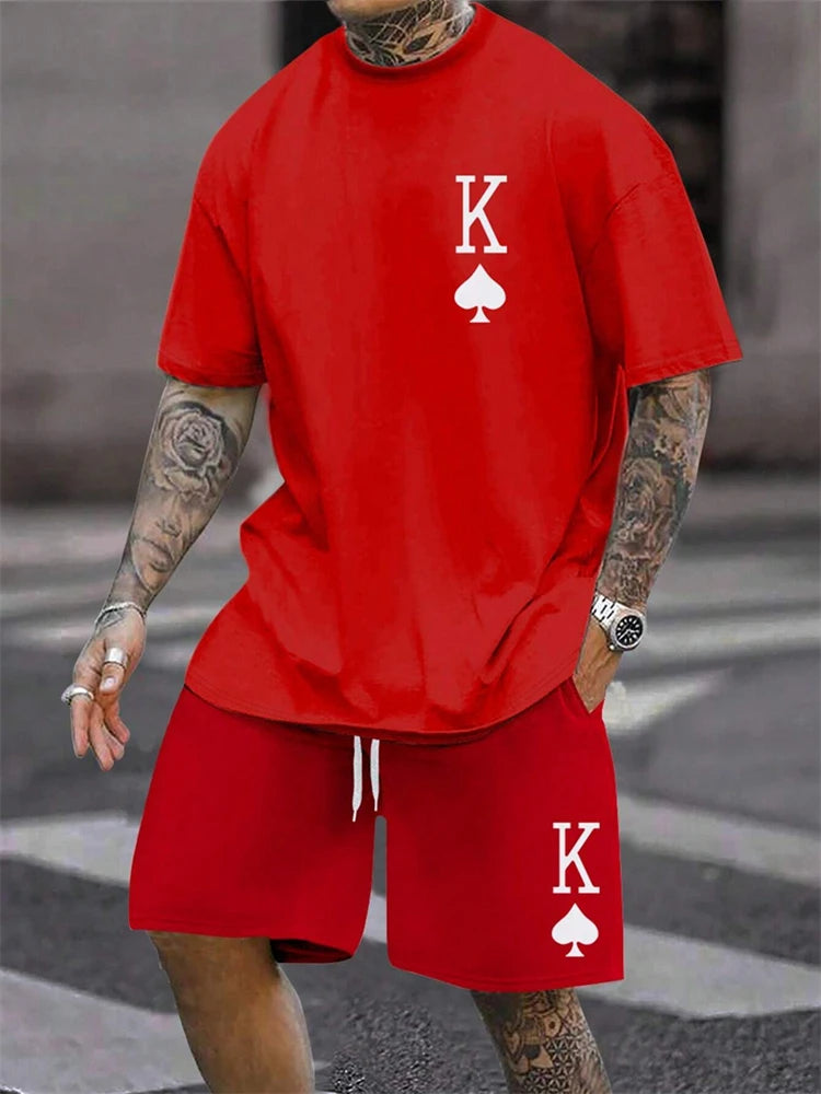 Men's Short Sleeve Shorts Set Fashion King Printed T-Shirt Shorts Sets of Casual Round Neck Breathable Sportswear