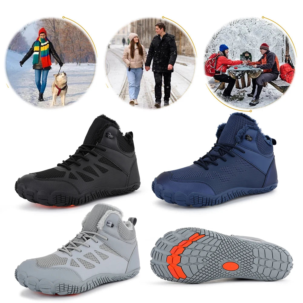 Womens Mens Barefoot Shoes Fur Lined Winter Snow Boots Anti-Slip Walking Shoes Outdoor Booties