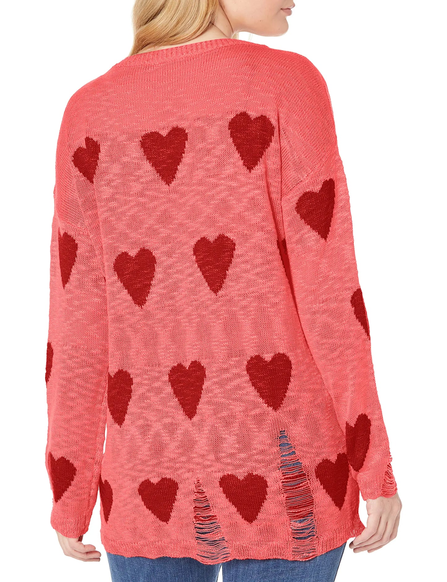 Cute Heart Print Sweaters Oversized Off The Shoulder Loose Knitted  Pullover