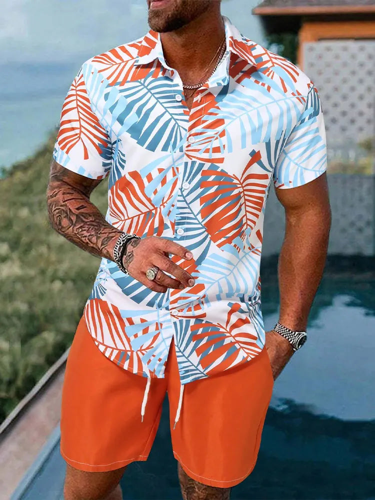 Summer Men's Shirt Shorts Two-piece Set Printed Casual Suit Men Short Sleeve Shirt Street Hawaiian Beach Shorts Outfits