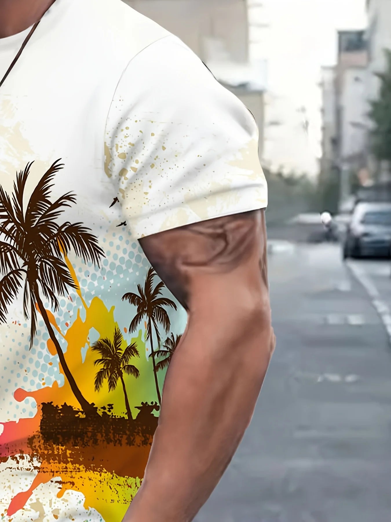 Summer men's casual short-sleeved suit with coconut tree sailboat print, casual and fashionable streetwear with shorts