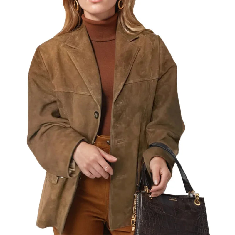 Brown Lapel Pocket Suede Leather Jacket Single Button Long Sleeve