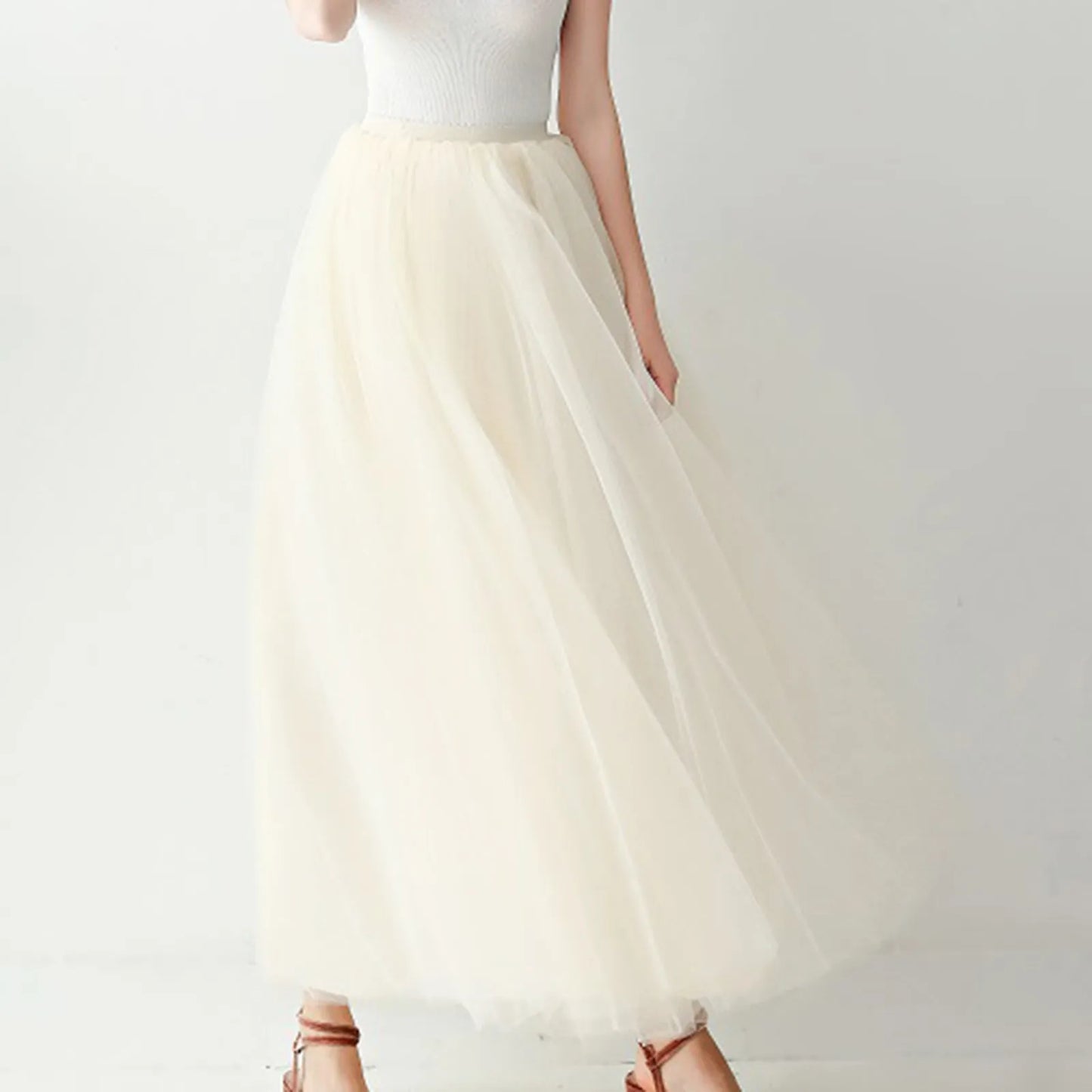 Women's Mesh Maxi Skirt Elastic High Waist Large Swing Long Skirt A Line Belt