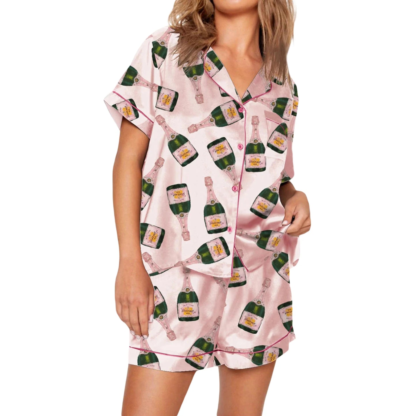 Women s 2 Piece Pajama Set V-Neck Short Sleeve Button Down Tops Drawstring Waist Shorts Sleepwear