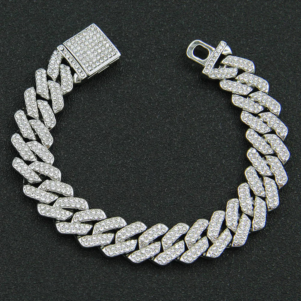 14MM  2 Row Rhinestone Paved Miami Rhombus Cuban Chain Men Women  Prong Cuban Link Chain Bracelet Iced Out men Jewelry