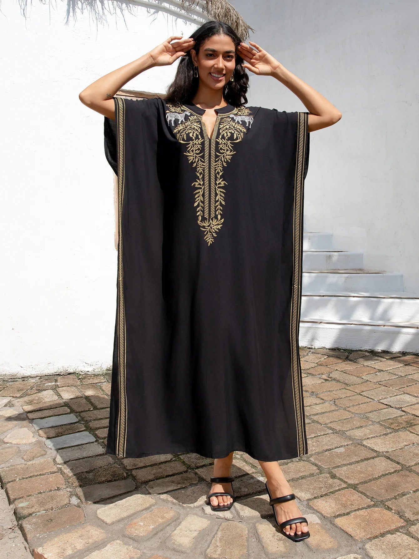 Embroidery Black Women Cover-ups  Loose Fitting Long Robe Beach Vacation V-neck Sunscreen Clothing Kaftan