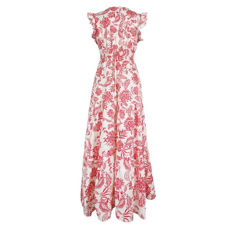 Fashion Floral Dress Casual V-neck Sleeveless Ruffles Tighten The Waist Slimming Elegant Bohemian Floral Women's Dress