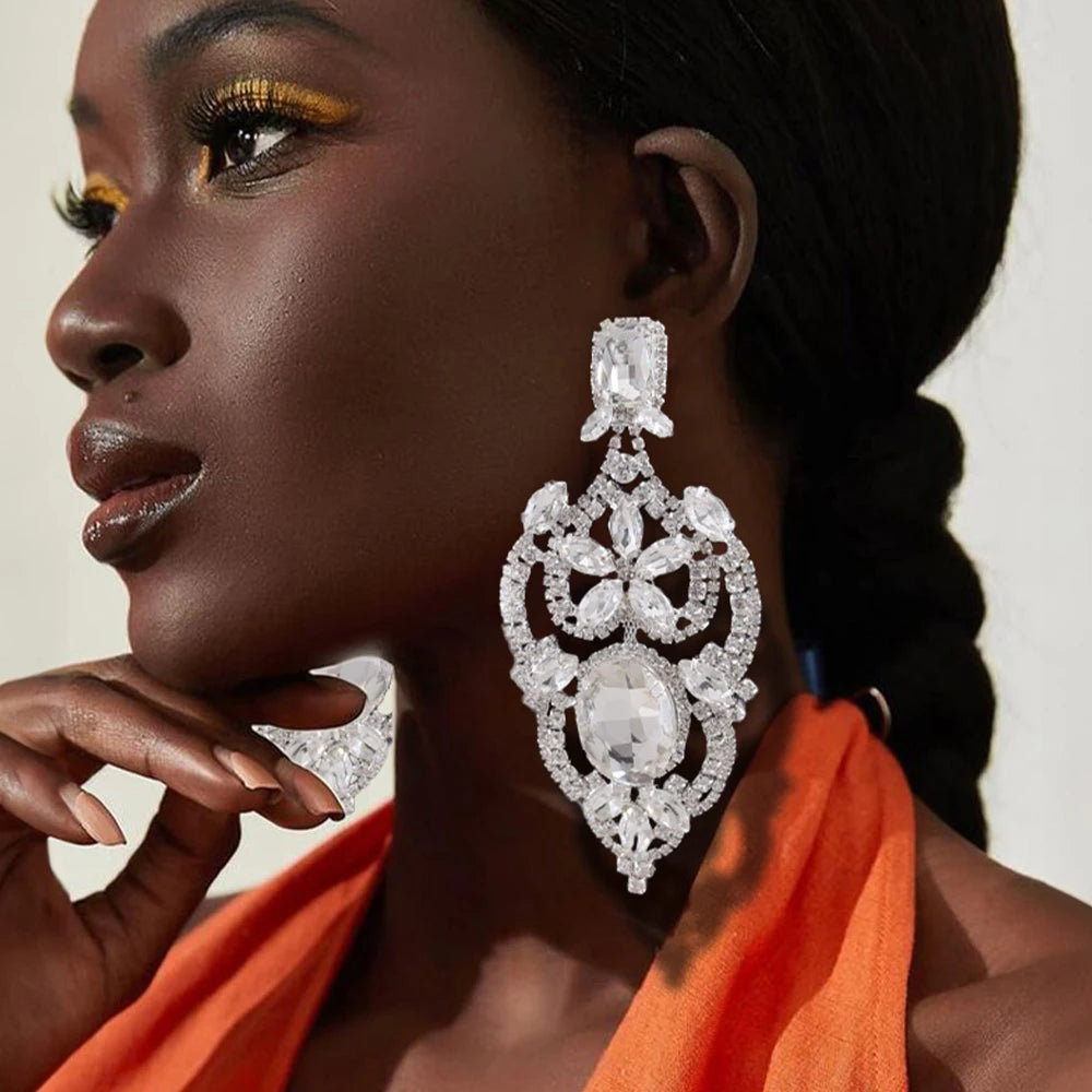 Rhinestone Flower Earrings  Trending Luxury  Accessories Statement Dangle Earrings Large Jewelry
