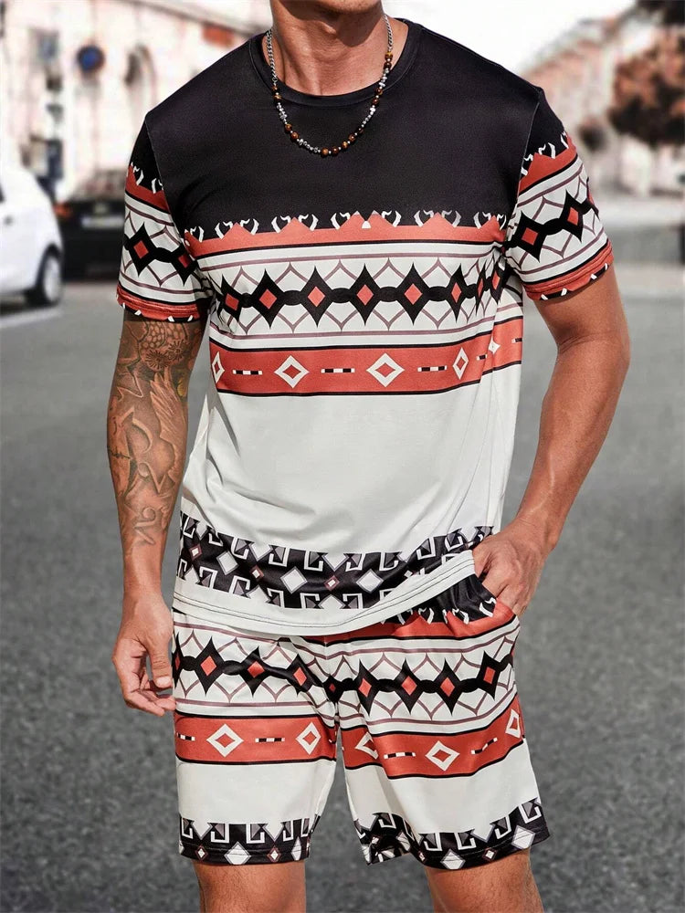 Men's Short-sleeved Shorts Suit Summer Fashion Round Neck T-shirt, Shorts Two-piece Street Shooting Casual Clothing