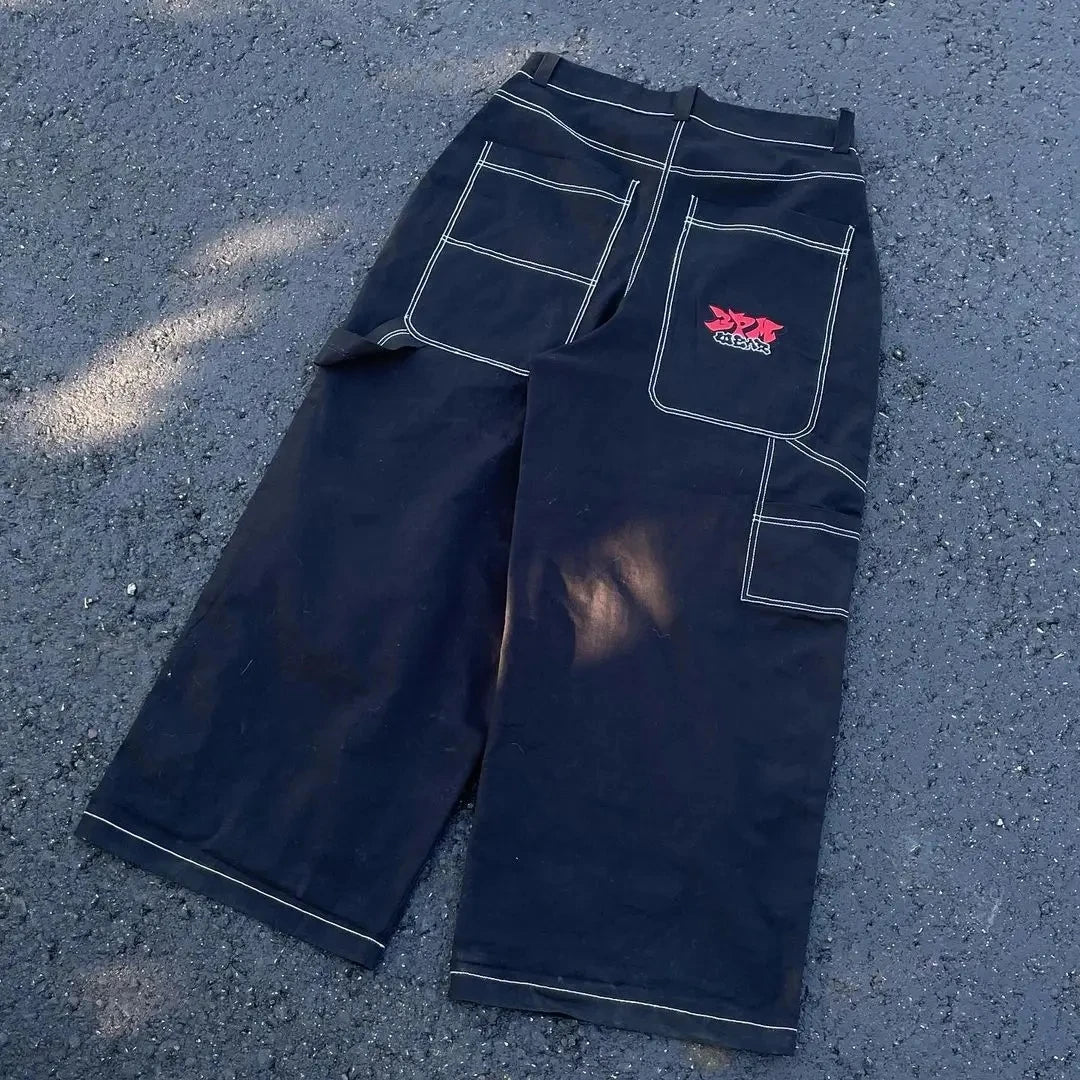 Gothic Retro American Cross Embroidery Patchwork Baggy Jeans  Streetwear Casual Straight Wide-leg Pants
