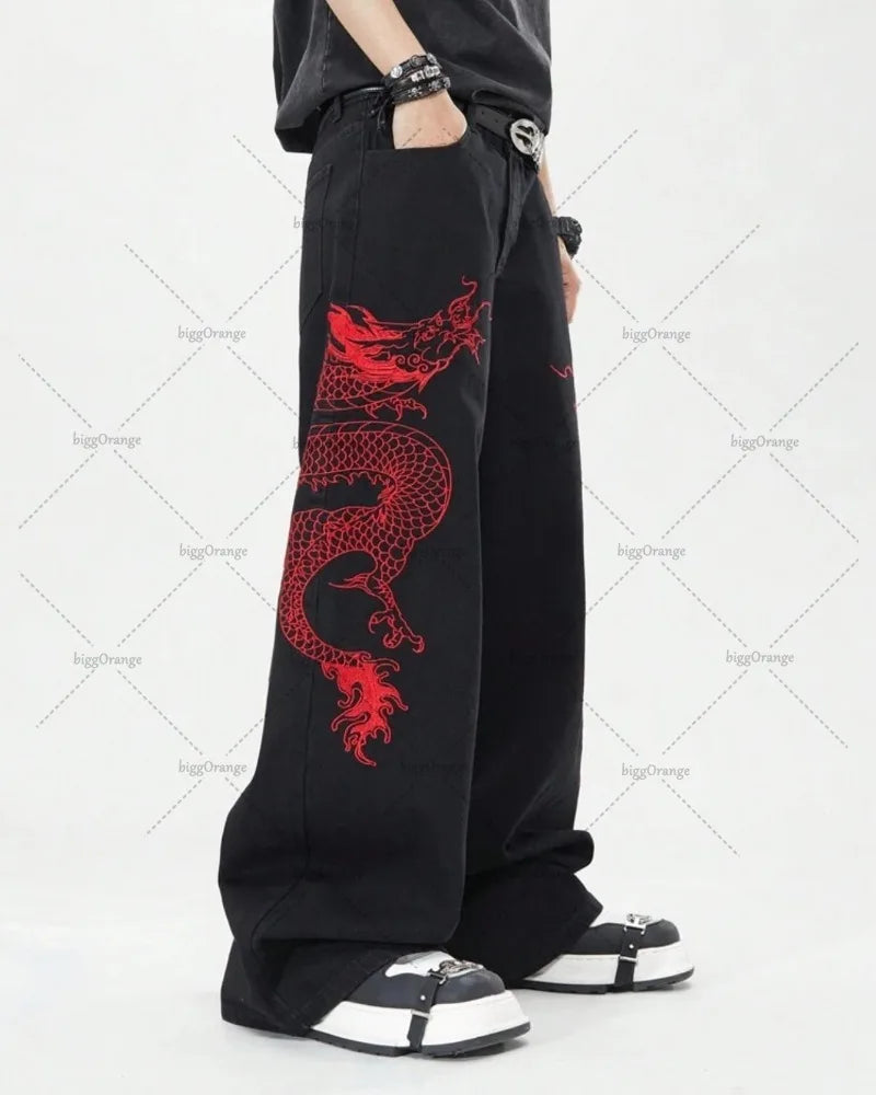 American Retro Oriental Dragon Design Fashionable Loose Jeans  Street Hip-hop Casual Straight Wide-leg Pants Women