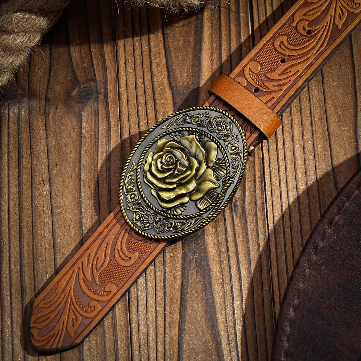 Western denim PU Belt -Women's decorative printed carved denim waistband Rose