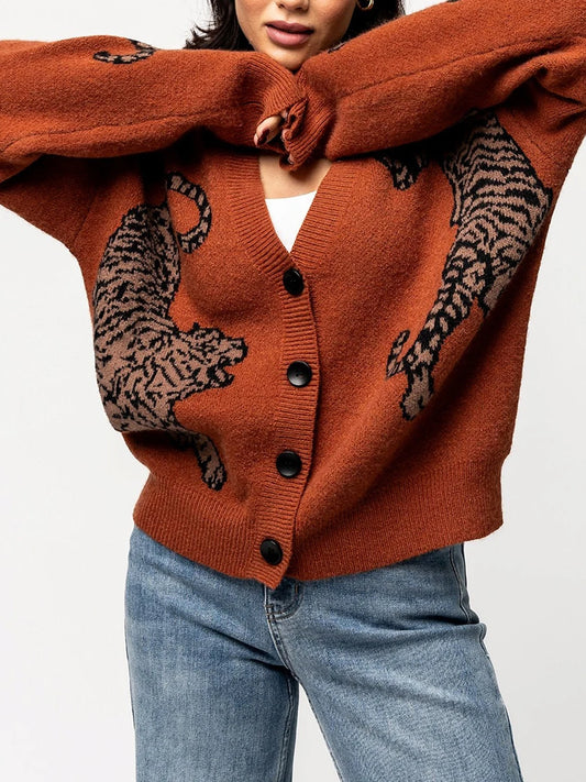 Women s Casual Lightweight Button Up Sweaters with Tiger Print Long Sleeves Warm Knitwear for Fall Streetwear Fashion
