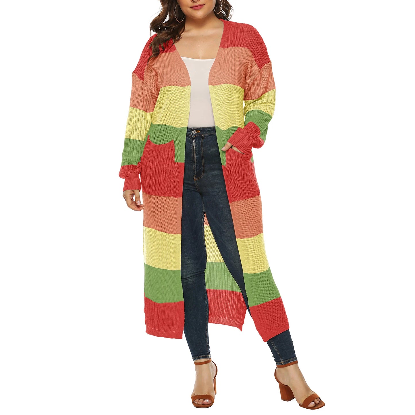 Women s Open Front Long Cardigan Sweater with Pockets Long Sleeve Contrast Color