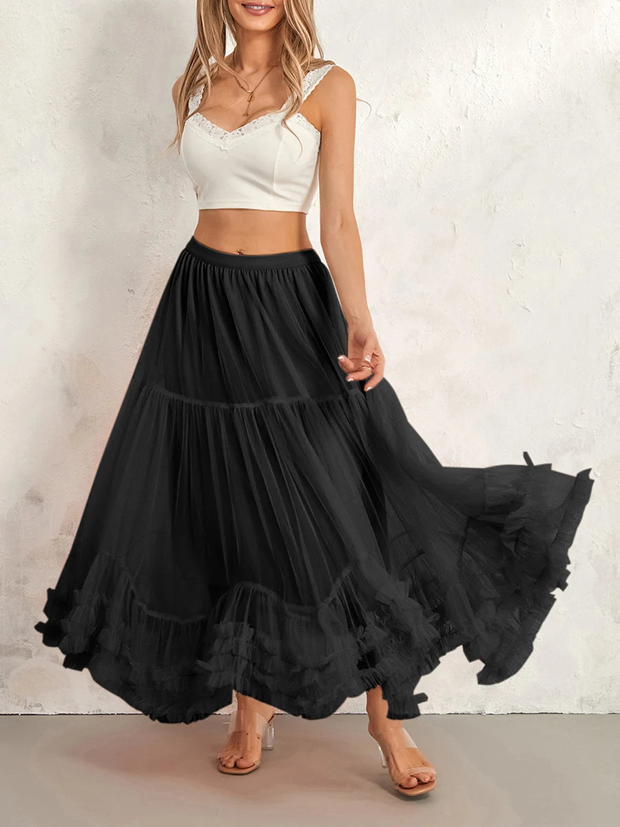 Women’s Tulle Long Skirts Elastic High Waist Ruffle Hem  Fluffy A-line Midi Skirts