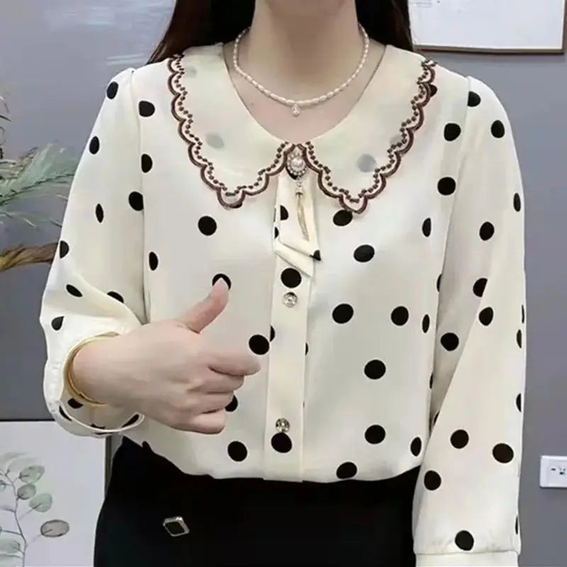 Peter Pan Collar Beading Embroidery Polka Dot Blouse