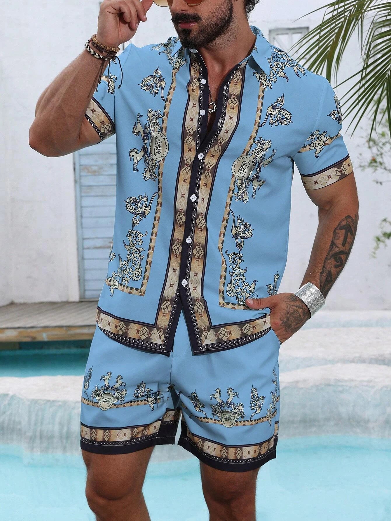 Baroque Luxury Printed Men's Shirt Shorts 2 Piece Set Summer Casual Shirt Hawaiian Beach Short-sleeved Men's Suits Clothing