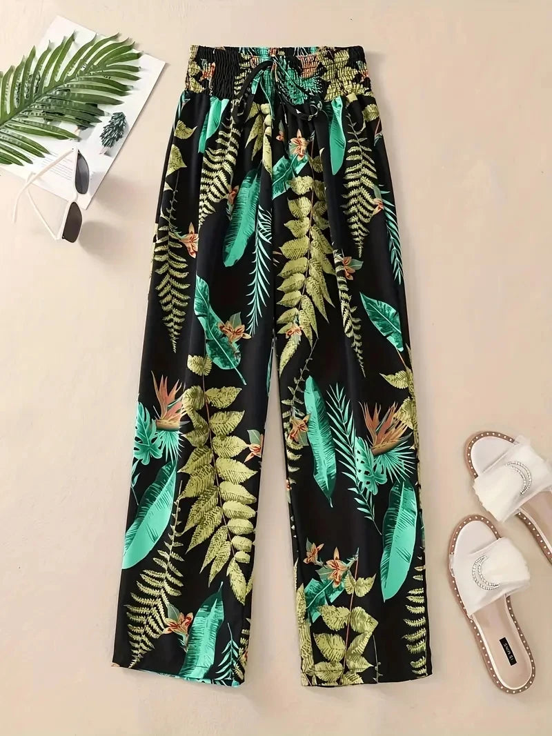 Floral Pants Spring and Summer Thin High Waist Slim Ice Silk Stretch Floral straight-leg Women's Pants