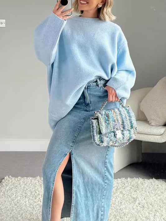 Women s Cozy Knit Pullover Sweater with Long Sleeves and O Neckline in Classic Solid Color for Casual Fall Winter Style