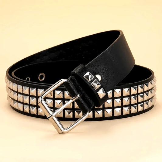 Rivet belt equipped with stainless steel square buckle, PU panel material, male and female pyramid rivet