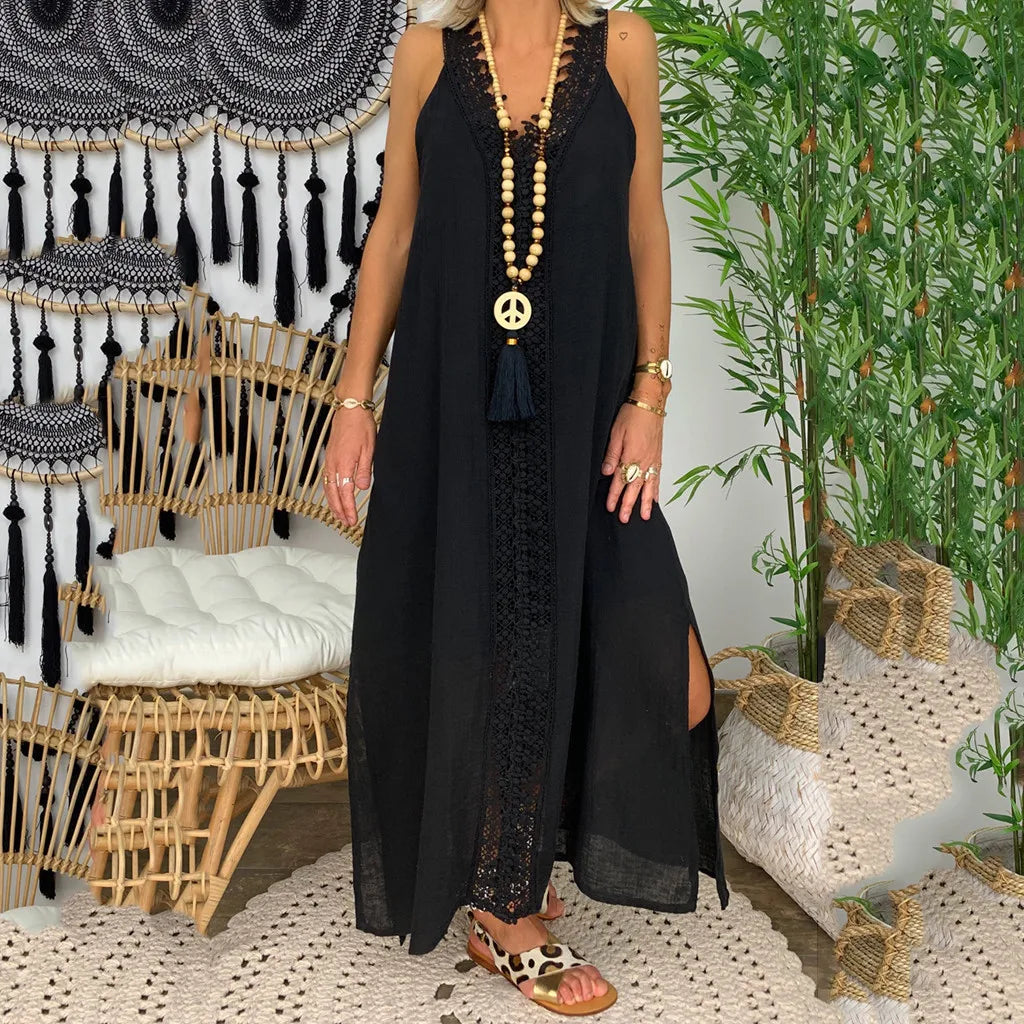 Women's Vintage Sleeveless Lace Spliced Maxi Dress Casual Sundress Summer Plus Size Elegant V-neck Hollow Out Loose Long Dress